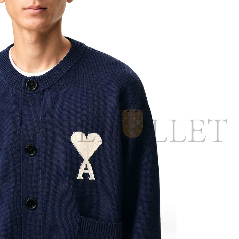 AMI PARIS AMI DE COEUR INTARSIA CREWNECK CARDIGAN 